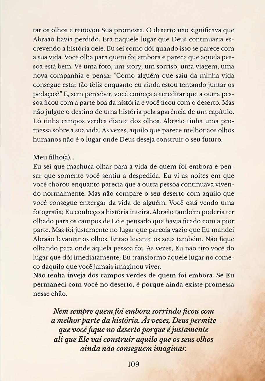 Página 109: continuação da leitura sobre despedida e mensagem em primeira pessoa